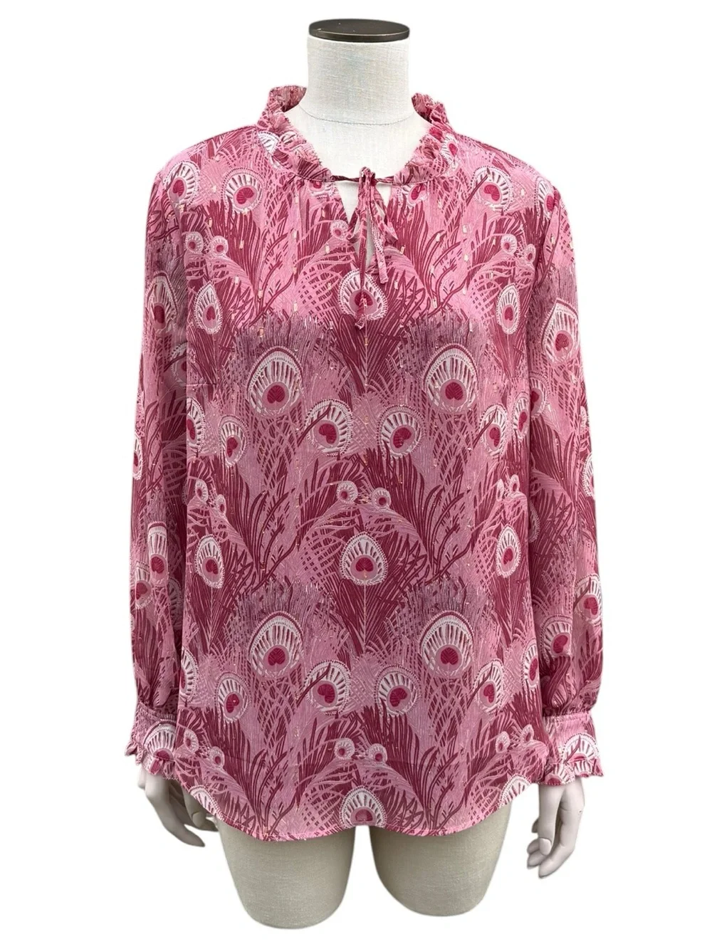 Talbots Raspberry Peony-Print Ruffled V-Neck Blouse - Picture 3 of 7